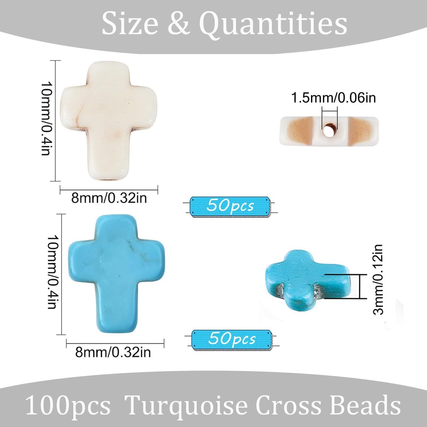 100pcs Blue and White Turquoise Cross Spacer Beads 8x10mm Semi Precious Stone Bead Easter Cross Gemstone Loose Beads for Jewelry Making Charms Beading Bracelets Necklaces Earrings Crafts