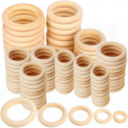 100 Pcs 5 Sizes Natural Wood Rings for Crafts, Unfinished Smooth Wooden Ring for Macrame, Wood Circles for Craft, DIY Ring Pendant and Connectors Jewelry Making