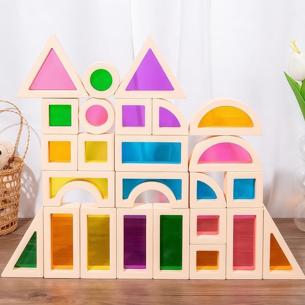 Rainbow Sensory Toys Blocks,15 Pcs Large Wooden Building Blocks for Toddlers Baby Kids,Colorful Geometric Stacking Toys, Preschool Educational Toy Set
