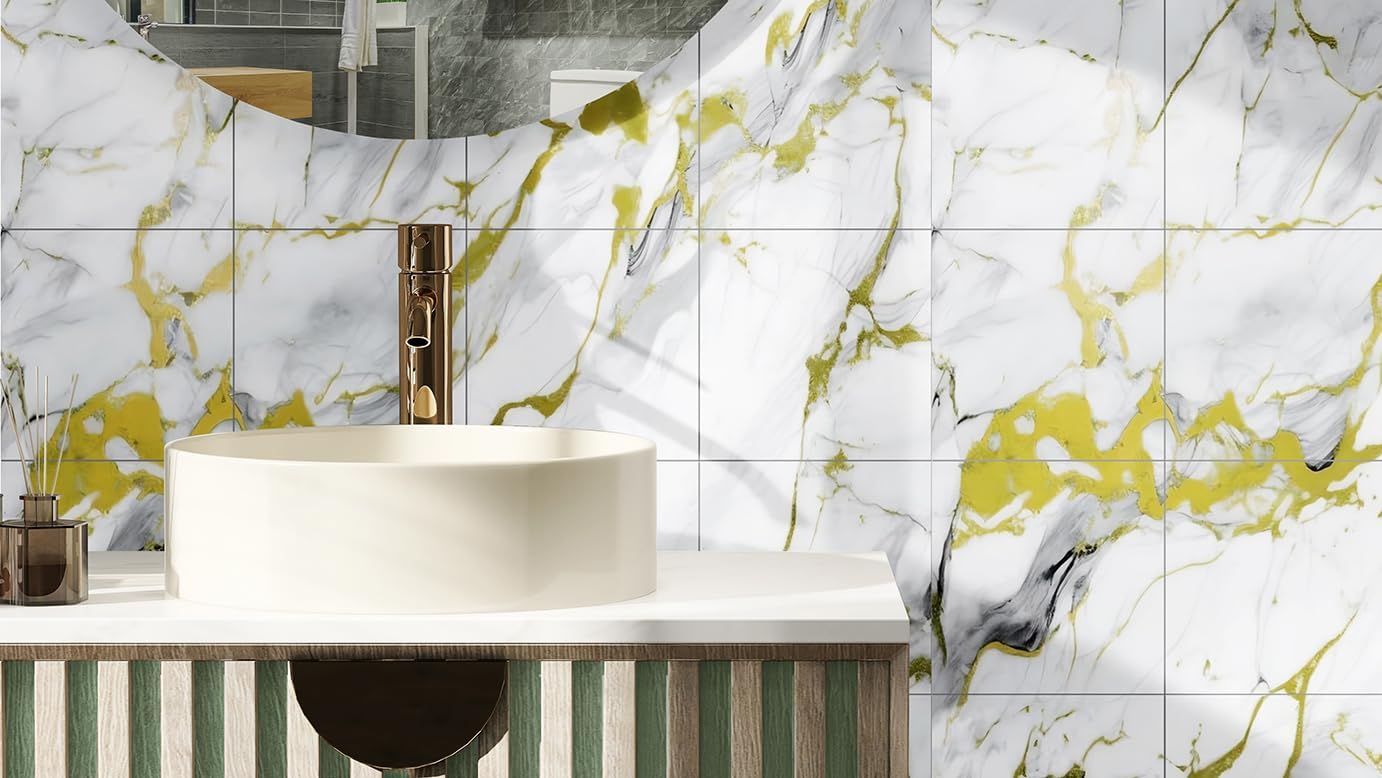 20-Pack Peel and Stick Gilded White Marble Tiles (11.8" x 11.8") – 19.4 Sq. Ft. Waterproof PVC Shower & Backsplash Tiles for Bathroom, Kitchen, and Living Room – Self-Adhesive, Easy Installation