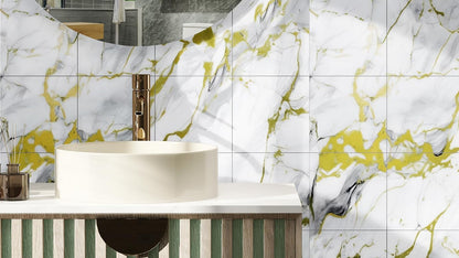 20-Pack Peel and Stick Gilded White Marble Tiles (11.8" x 11.8") – 19.4 Sq. Ft. Waterproof PVC Shower & Backsplash Tiles for Bathroom, Kitchen, and Living Room – Self-Adhesive, Easy Installation