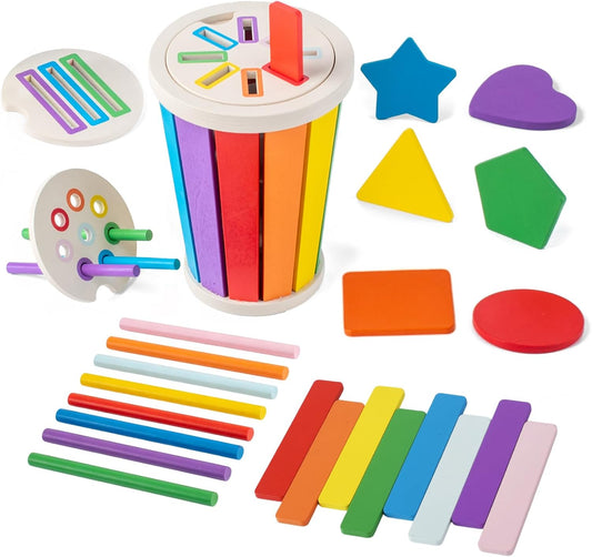 Montessori Toys for 1 2 3 Year Old, 3 in 1 Wooden Learning Color Sorting Toys for Toddlers 12-36 Month Old, Wooden Educational Toy, Fine Motor Developmental Sensory Matching Games