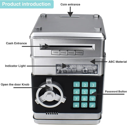 Piggy Bank Electronic Mini ATM for Kids Baby Toy, Safe Coin Banks Money Saving Box Password Code Lock for Children,Boys Girls Best Gift (Silver)