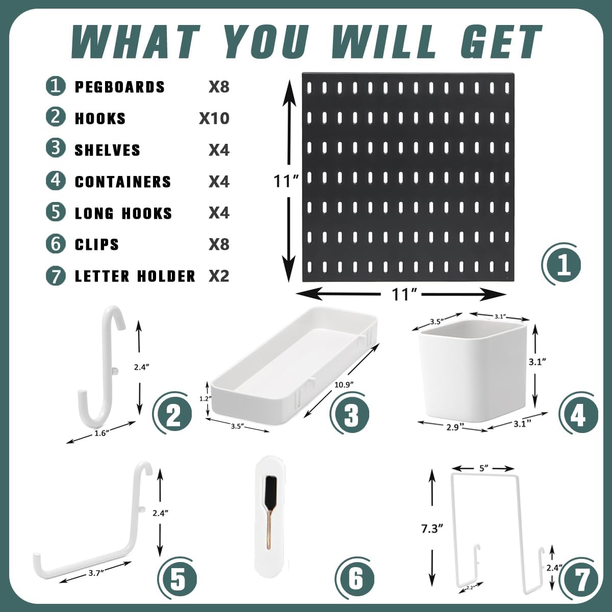 MULSAME Pegboard Combination Kit, Wall Mounted Storage Set with 8 Pegboards & 32 Accessories Hanging, White Peg Boards Organizer for Walls Display, Crafts Organization, Kitchen Organizer, 22" x 44"