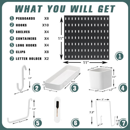 MULSAME Pegboard Combination Kit, Wall Mounted Storage Set with 8 Pegboards & 32 Accessories Hanging, White Peg Boards Organizer for Walls Display, Crafts Organization, Kitchen Organizer, 22" x 44"