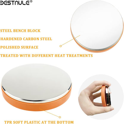BESTNULE Professional Steel Bench Block, Covered with TPR Soft Plastic at the Bottom, Metal Stamping Table Mirror, Polishing with Chrome Plating for Jewelry Stamping Tools, (Dia: 3”, H: 19/32”)