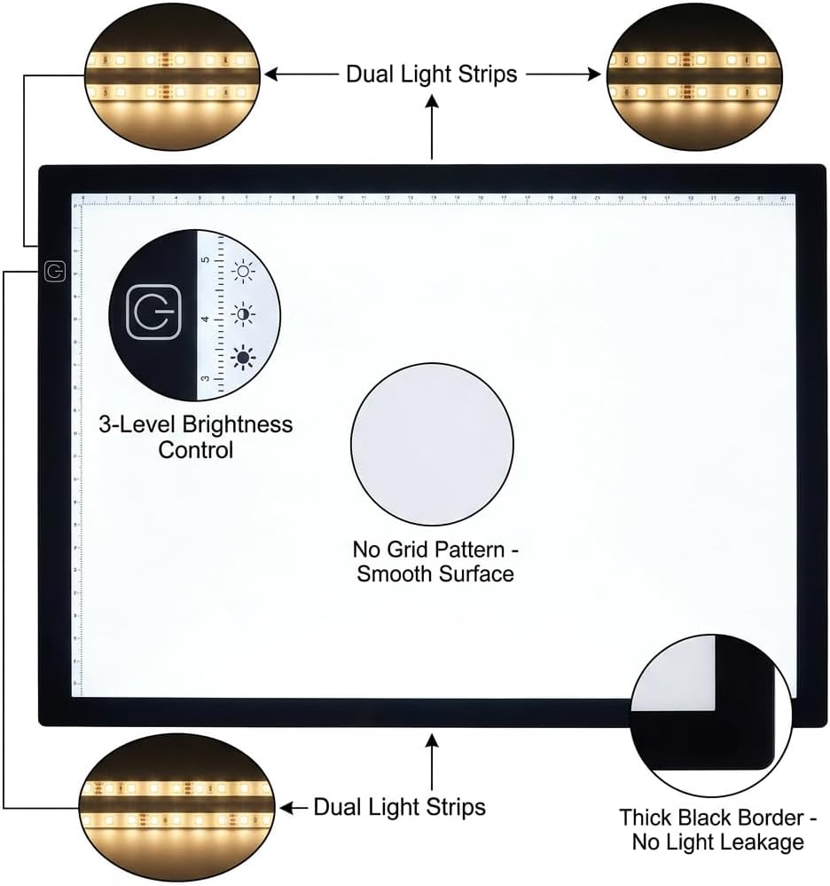A3 LED Light Pad for Diamond Art, Sketching, Painting - Adjustable Brightness, Sketching, Tracing - USB Powered Complete Art Light Board Kit with Pad Stands and Clips
