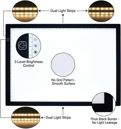 A3 LED Light Pad for Diamond Art, Sketching, Painting - Adjustable Brightness, Sketching, Tracing - USB Powered Complete Art Light Board Kit with Pad Stands and Clips