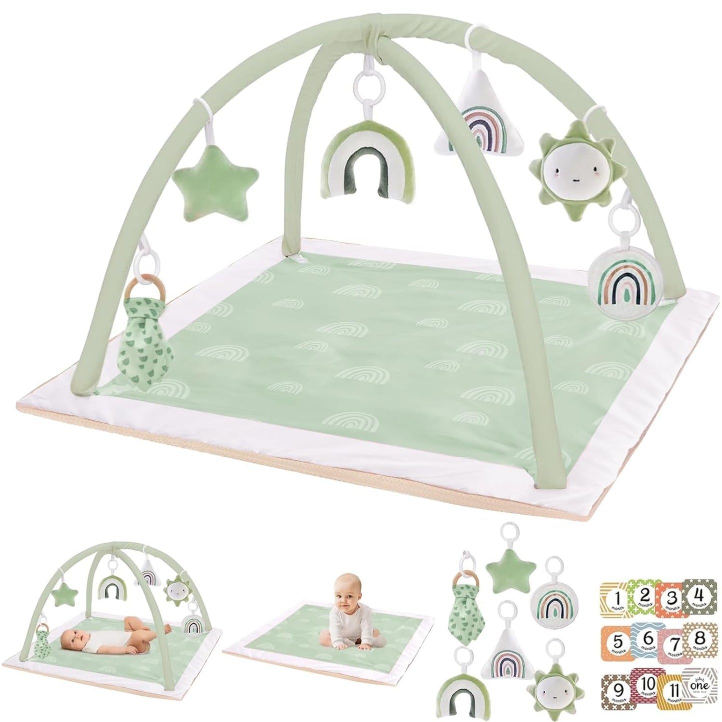 Mallify Washable Tummy Time Mat, Baby Play Gym with 6 Featured Toys, Baby Gym for Infant & Toddler, Larger Baby Play Mat, Deluxe Baby Play Mats for Floor, Sensory and Motor Skill Development, Green