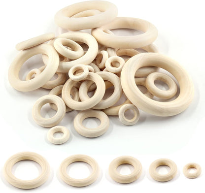 100pcs 5 Sizes Natural Wood Rings, Unfinished Solid Wooden Hoops, Smooth Wooden Rings for Craft, Jewelry Making, DIY Pendant Connectors (Assorted Sizes)