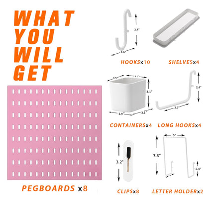 Pegboard Combination Kit, 8 Peg Boards and 30 Accessories Modular Hanging Black Pegboard for Walls, Office Wall Organizer, Keys Holder on Wall, Nursery Storage, 44"x22" Black