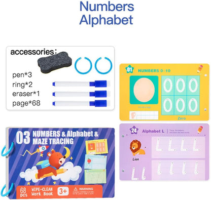 Preschool Handwriting Practice Book, Toddler Letter Tracing, Kindergarten Number Workbooks, with 68 Pages Reusable Magic Educational for Kids, Montessori Learning Activities, Toys for 3 4 5 Year Old