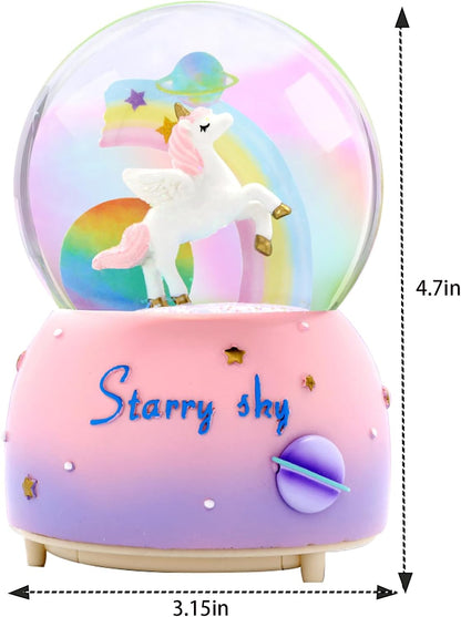 Unicorn Music Snowball, 80MM Snow Globes for Girls Music Box, with LED Rainbow Snow Lights, Birthday, Christmas, Ideal Gift for Girls (Pink&Blue)