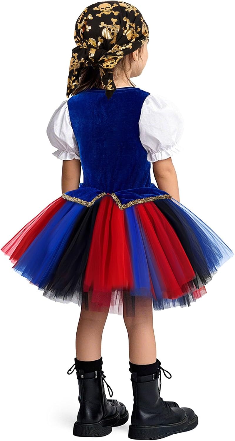 Latocos 14pcs Girls Pirate Costume Dress Kids Pirate Accessories Hat Eye Patch Halloween Dress Up Role Play Gift