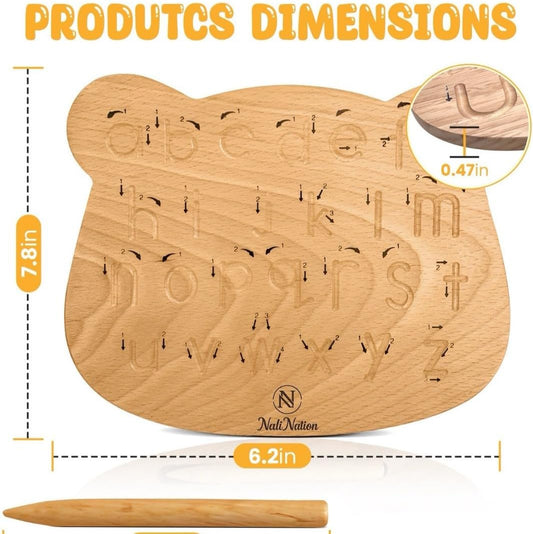 Double-Sided Wooden Alphabet Tracing Board, Premium Natural Wood, Uppercase & Lowercase Letters (19.5x16x1.45cm Bear)