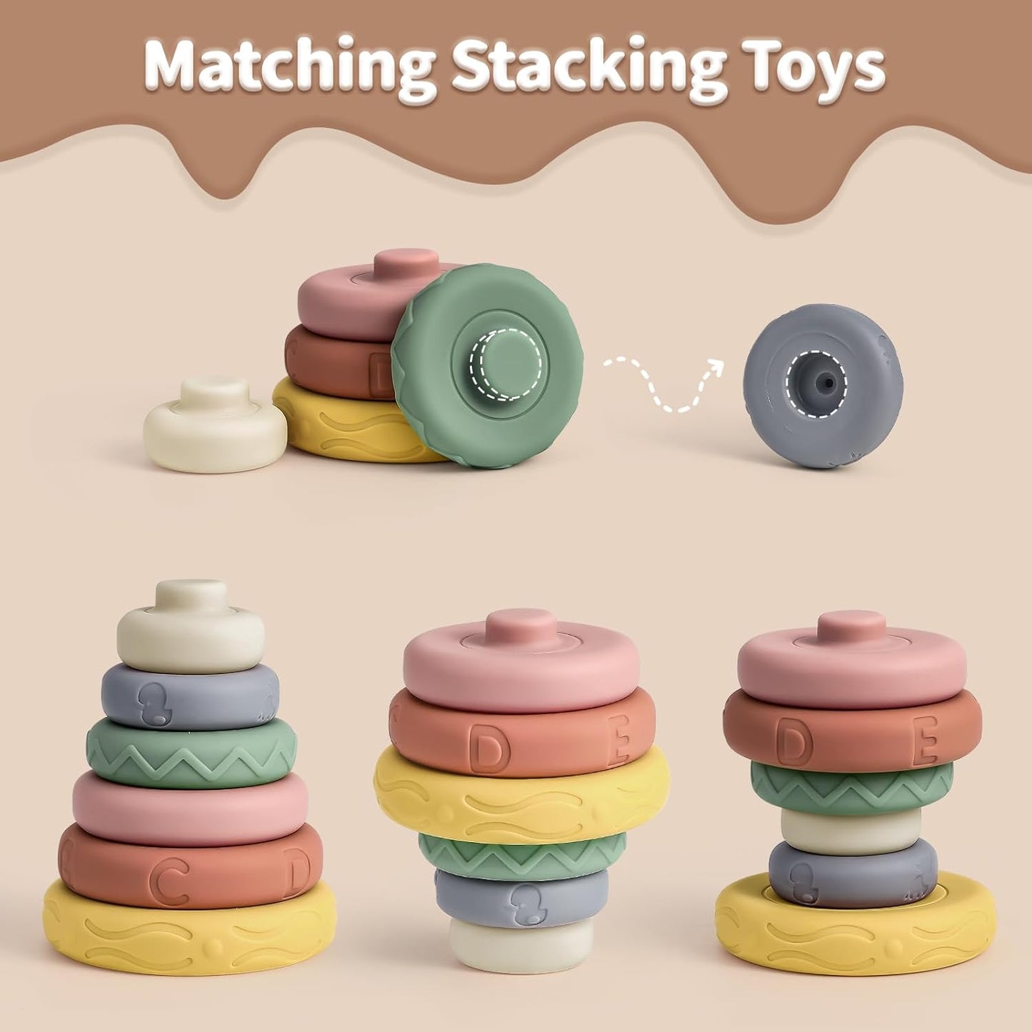 Mini Tudou 6 Pcs Stacking & Nesting Circle Toy 4.7",Soft Building Rings Stacker & Teethers,Squeeze Play with Early Educational Learning Stacking Tower, Toy for 6+ Months Boys&Girls
