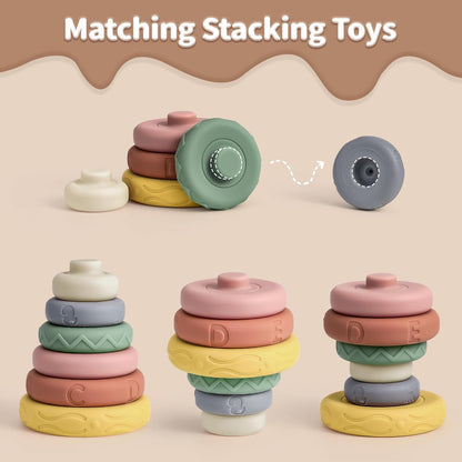 Mini Tudou 6 Pcs Stacking & Nesting Circle Toy 4.7",Soft Building Rings Stacker & Teethers,Squeeze Play with Early Educational Learning Stacking Tower, Toy for 6+ Months Boys&Girls