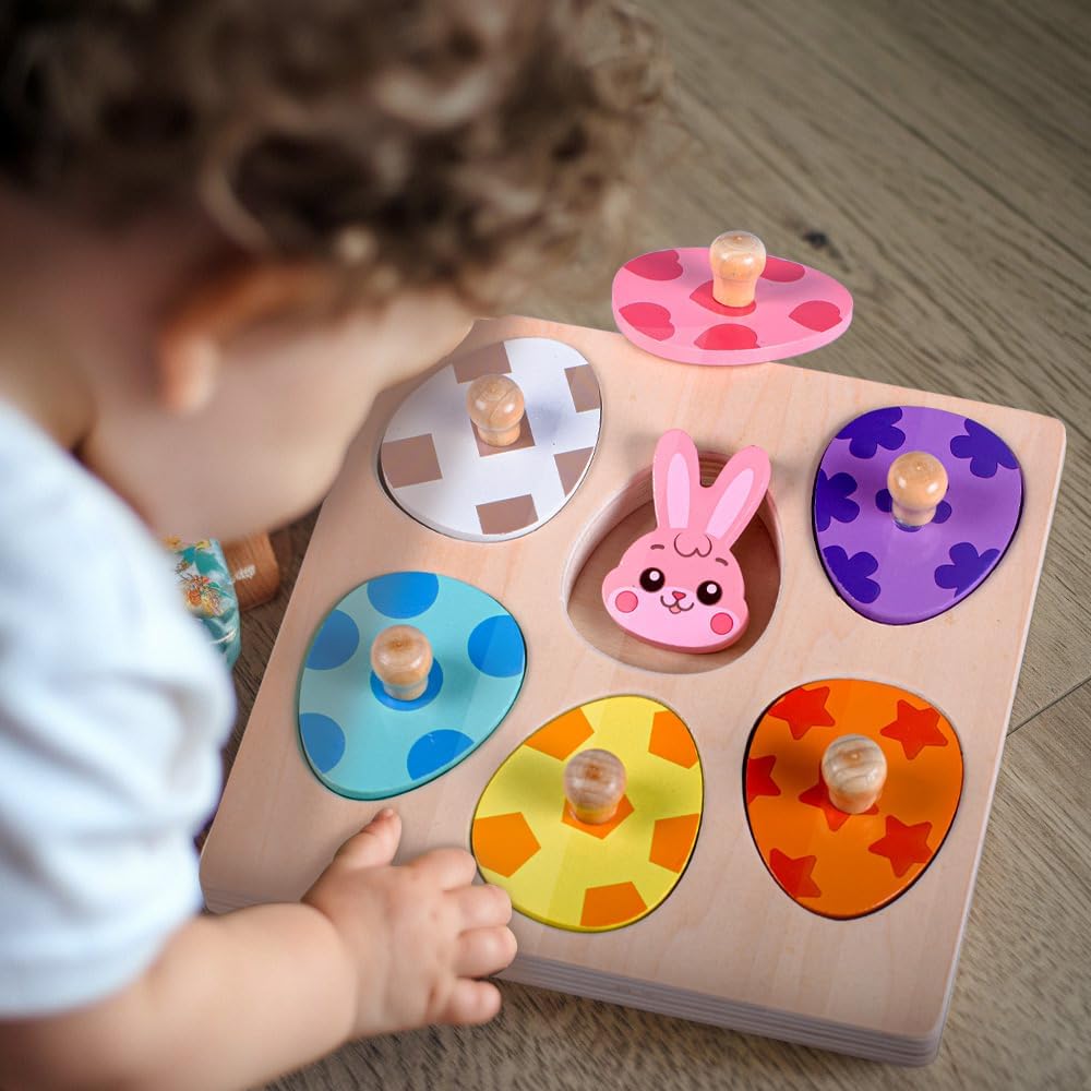 Waybla Easter Basket Stuffers - Easter-Themed Wooden Peg Puzzle for Toddlers 1-3 Years, Montessori Educational Toy and Learning Activity