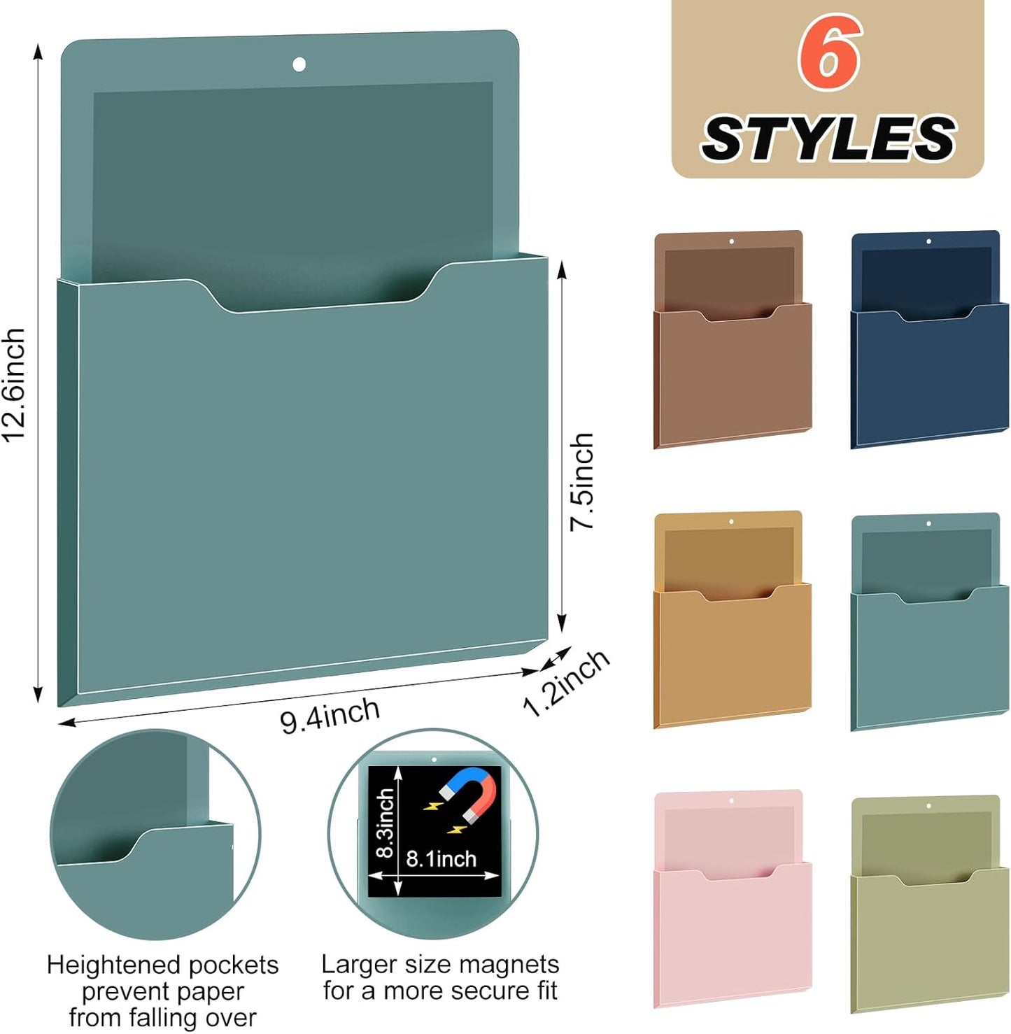Fuutreo 6 Pcs Magnetic Wall File Organizer Magnetic Wall File Holder Refrigerator Magazine Holder for Mail Letters Paper(Aqua Green,Vertical-large)
