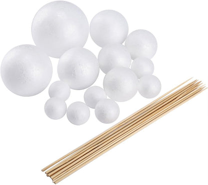 Pllieay Make Your Own Solar System Model with 14 Mixed Sized Polystyrene Spheres Balls and 10 Pieces 24 cm Long Bamboo Sticks for School Projects