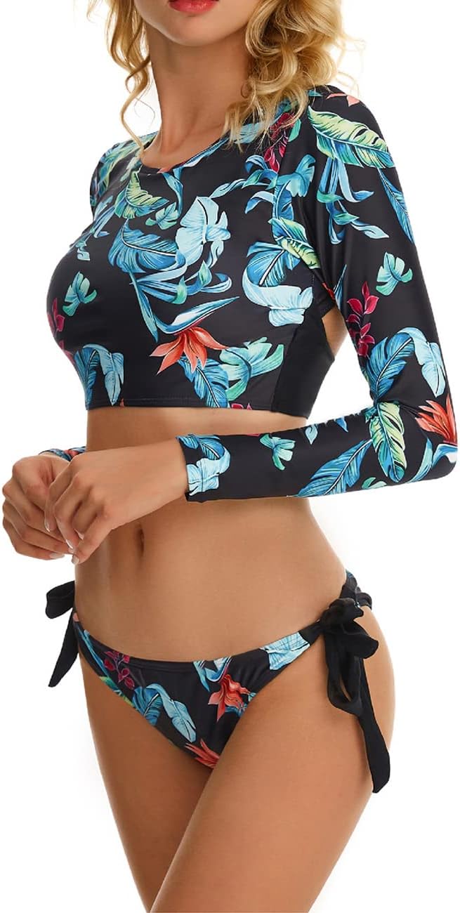 JadeRich Women's Fashion Pattern Long Sleeve Tankini Sets UPF 50+ Rash Guard Swimsuit Sun Block Swimwear