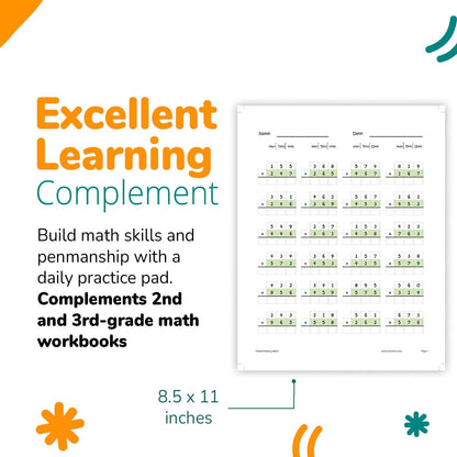 Channie's One Page A Day Math Workbook, Triple Digit Math Practice Worksheets, 50 Pages Front and Back, 25 Sheets, Grades 2nd and 3rd, Addition and Subtraction workbook , Size 8.5” x 11”