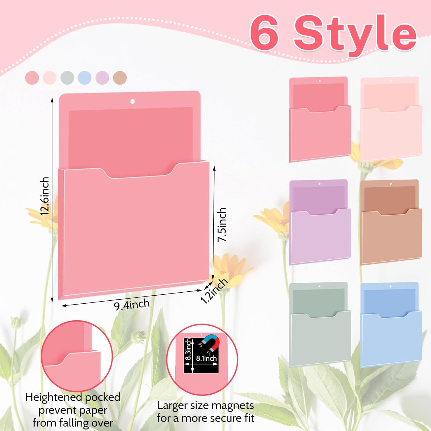 Fuutreo 6 Pcs Magnetic Wall File Organizer Magnetic Wall File Holder Refrigerator Magazine Holder for Mail Letters Paper(Aqua Green,Vertical-large)