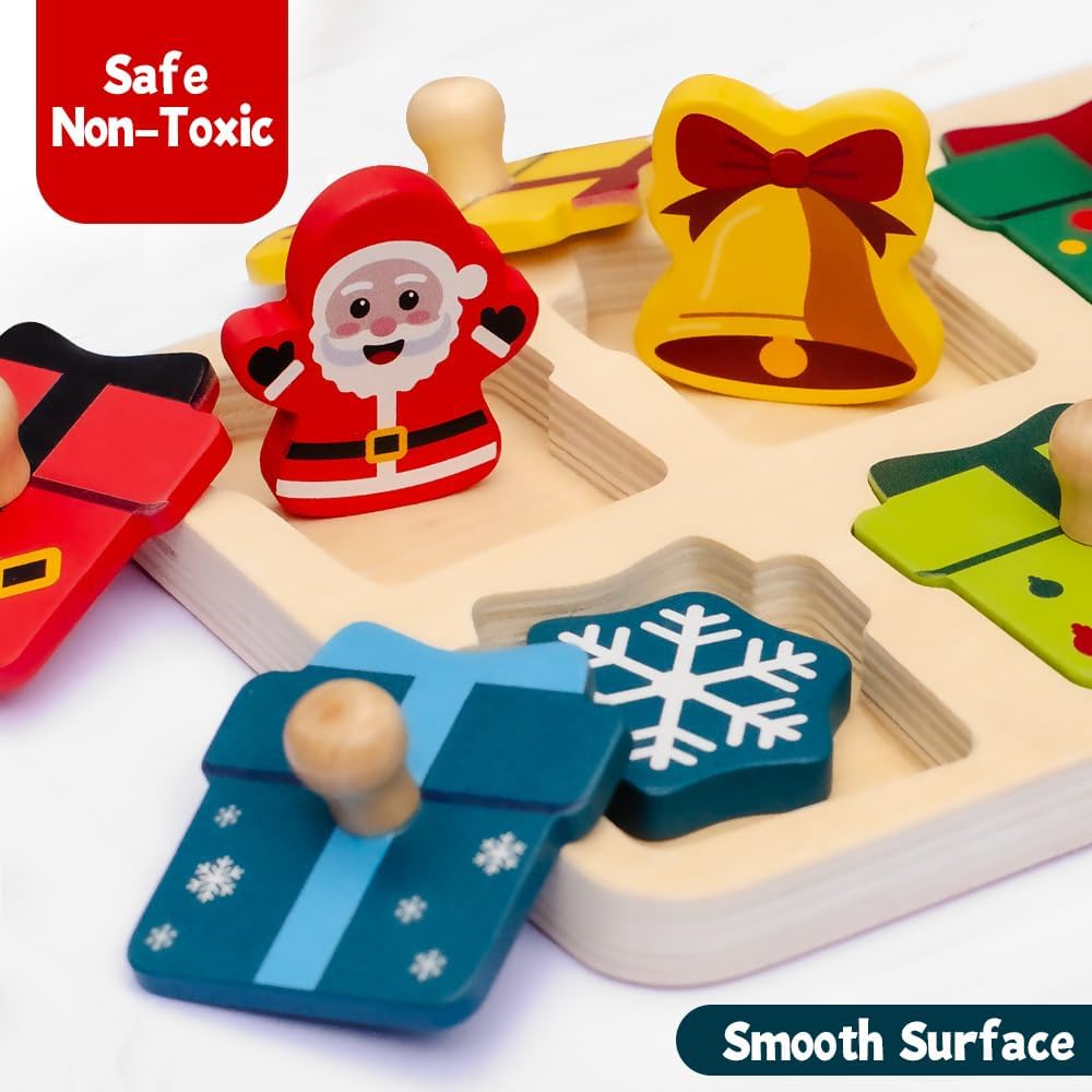 Waybla Stocking Stuffer for Kids - Christmas-Themed Wooden Peg Puzzle for Toddlers 1-3 Years, Montessori Educational Toy and Learning Activity