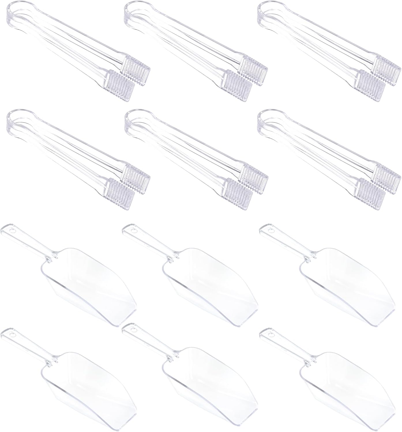 12Pcs Clear Plastic Ice Scoops Tongs Set, Small Tongs for Serving Food, Mini Candy Scoops for Candy Buffet Dry Goods Freezer Bin Canisters (Clear)