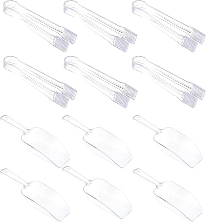 12Pcs Clear Plastic Ice Scoops Tongs Set, Small Tongs for Serving Food, Mini Candy Scoops for Candy Buffet Dry Goods Freezer Bin Canisters (Clear)
