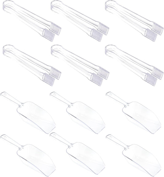 12Pcs Clear Plastic Ice Scoops Tongs Set, Small Tongs for Serving Food, Mini Candy Scoops for Candy Buffet Dry Goods Freezer Bin Canisters (Clear)