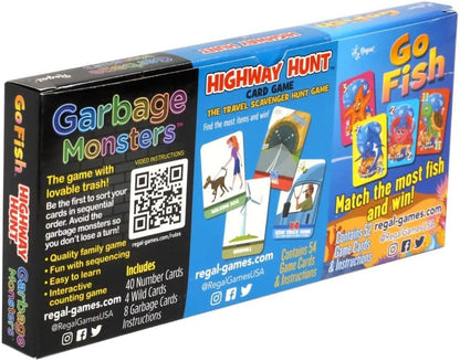 Regal Games - Go Fish, Garbage Monsters, Highway Hunt Card Games Set - Family-Friendly, Fun Card Games - Search & Find, Matching, Counting - Ages 3+ - Includes Game Cards & Instructions - 3 Pack