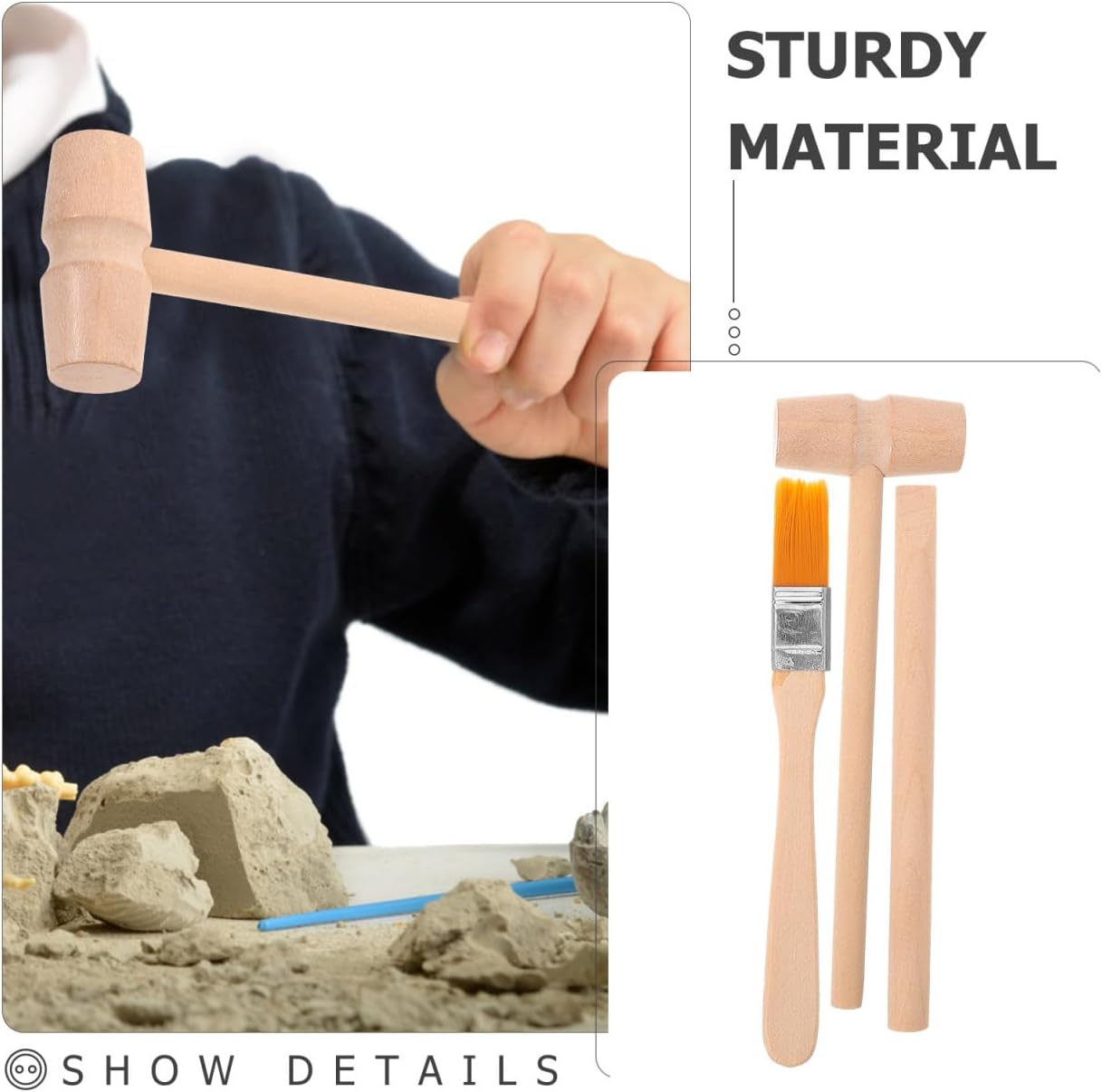 DOITOOL 9 Pcs Wooden Excavation Tools for Kids, Dinosaur Dig Kit with Mini Hammer Chisel Brush Scraper, Stem Science Gemstone Toys