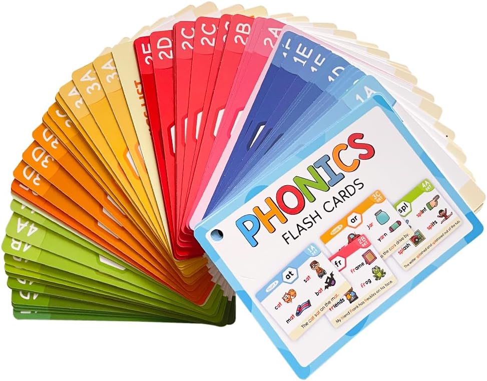 Lachilly Phonics Flash Cards Set, 20 Phonic Stages Cards, Learn to Read in CVC Blends Long Vowels DigraphsSounds for Kids 4-8, Kindergarten Primary School Learning Aids