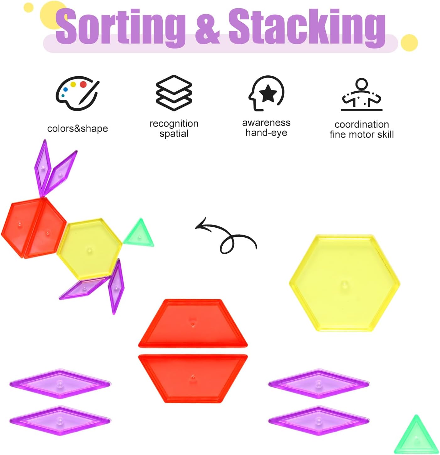 188 Pcs Translucent Plastic Pattern Blocks Set, Light Table Manipulative for Shape Recognition, Fun Geometric Shapes Tangram Puzzle with Storage Box