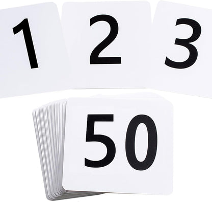 Toncoo 50Pcs Table Numbers 1-50, 3.7x4 Inch Plastic Table Numbers, Double Sided Table Number Cards - for Wedding Reception Restaurant Table Numbers Place Cards, White