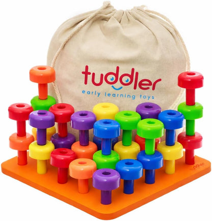 Toddler Peg Board Sensory Montessori Fine Motor Skills Educational Toys - 30 Stackable Pegs + Pattern Card + Drawstring Backpack + E-Book