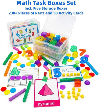 Math Task Boxes Set of 5 Math Manipulatives Themes 230+ Pieces of Number Rods, Base Ten Blocks, Ten Frame Disc Counters, Place Value Blocks, 0-9 Numbers, 3D Shapes, Counting Blocks Activity Cards