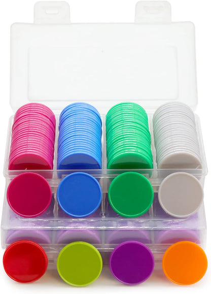 Set of 100 Opaque Plastic Learning Counters Mini Poker Chips Game Tokens with Storage Box (Black+White+Blue+Purple, 1 Inch)