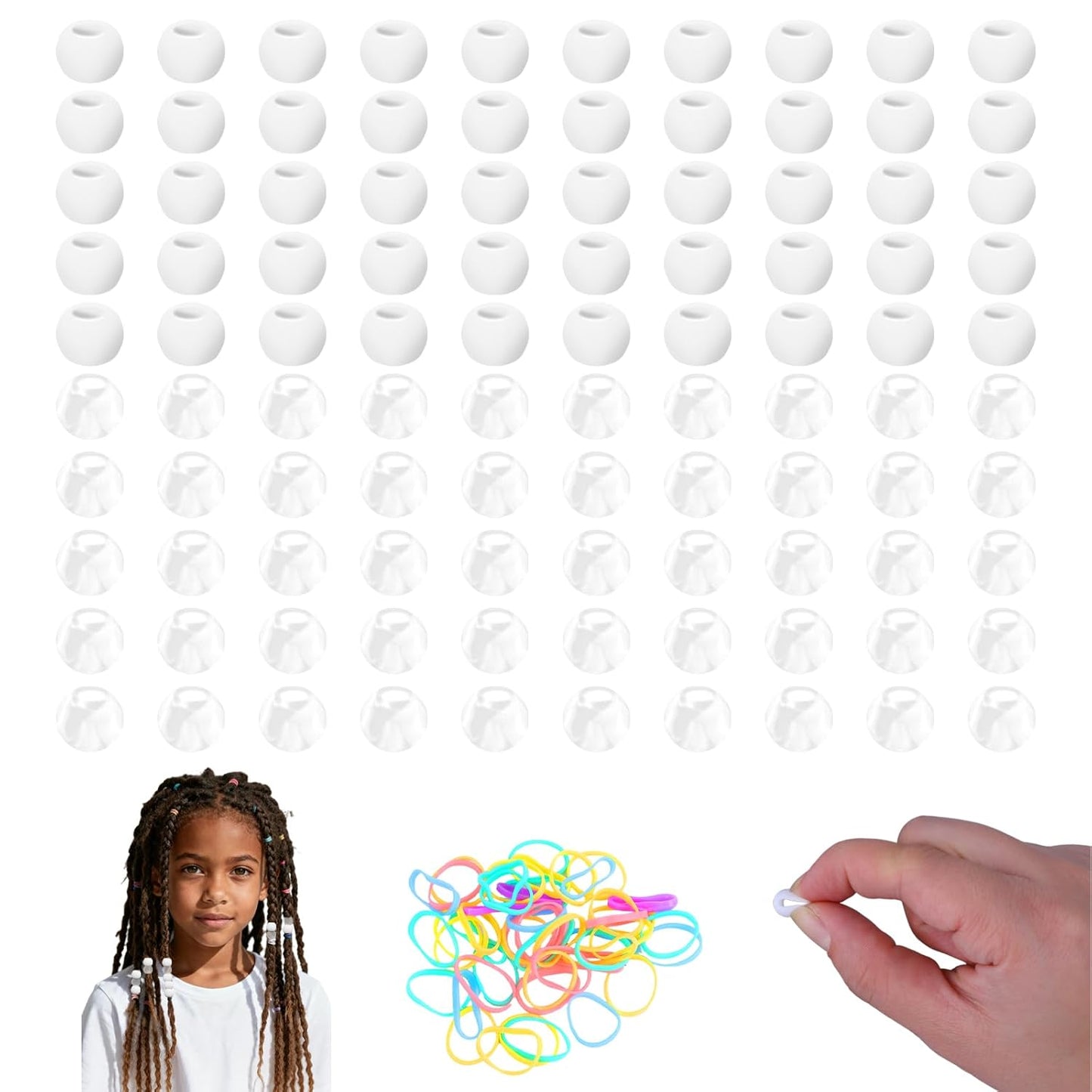 100 Small Silicone Hair Beads Glow in Dark for Kids Girls Braids, 5mm Colorful Soft Silicone Hair Beads, 1 Plastic Quick Beaders for Hair Braids, 50 Elastic Rubber Bands