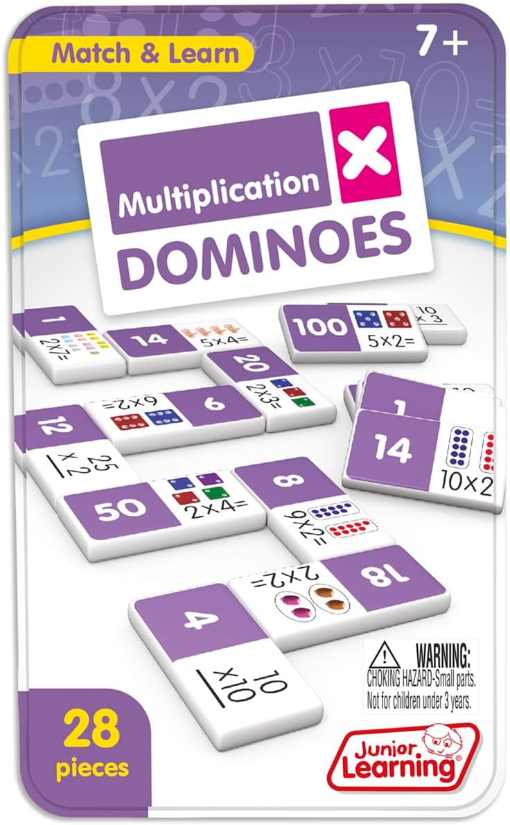 Junior Learning Multiplication Dominoes Game Set, 28 Pieces, Ages 7-9, Math Skills, Grade 2-3