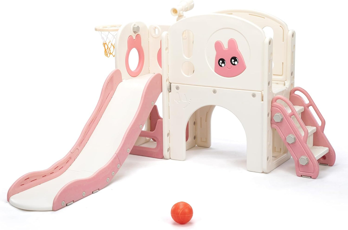 NYEEKOY 8-in-1 Toddler Slide and Climber Playset, Kids Slide Playground with Stairs, Tunnel, Telescope, Storage, Basketball Hoop and Ball, Indoor Outdoor, 1-3 Years Old, Blue