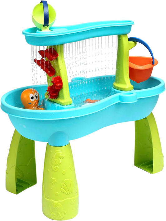 Toddler Sensory Sand and Water 2 Tier Table | Indoor & Outdoor Summer Beach Toys and Play Table for Kids | Backyard Table for 3-5 Year Old Boys and Girls