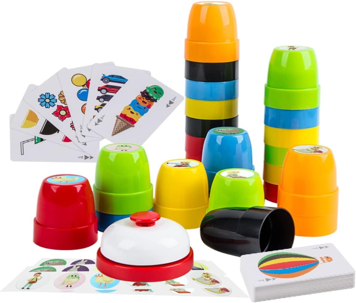 Quick Cups Games for Kids Intellectual Flying Stack Cups,Stacking Cups Games Parent-Child Interactive Game with 24 Picture Cards, 30 Cups