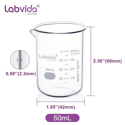 12pcs 50ml Upgrated Thick Glass Beakers, Shot Glass Beaker set, 3.3 Boro Griffin Low Form, Double Scale, LVA003