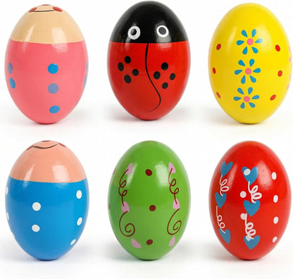 SallyFashion 6PCS Egg Shakers Musical Instruments for Babies, Wooden Maracas for Kids Hand Percussion Musical Eggs Easter Basket Stuffers Party Favors