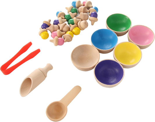 Wooden Colorful Sorting Acorns Counting Toy, Color Recognition Learning Set with Sorting Cups and Tongs, Fine Motor Skill Development Activity for Preschool Kindergarten