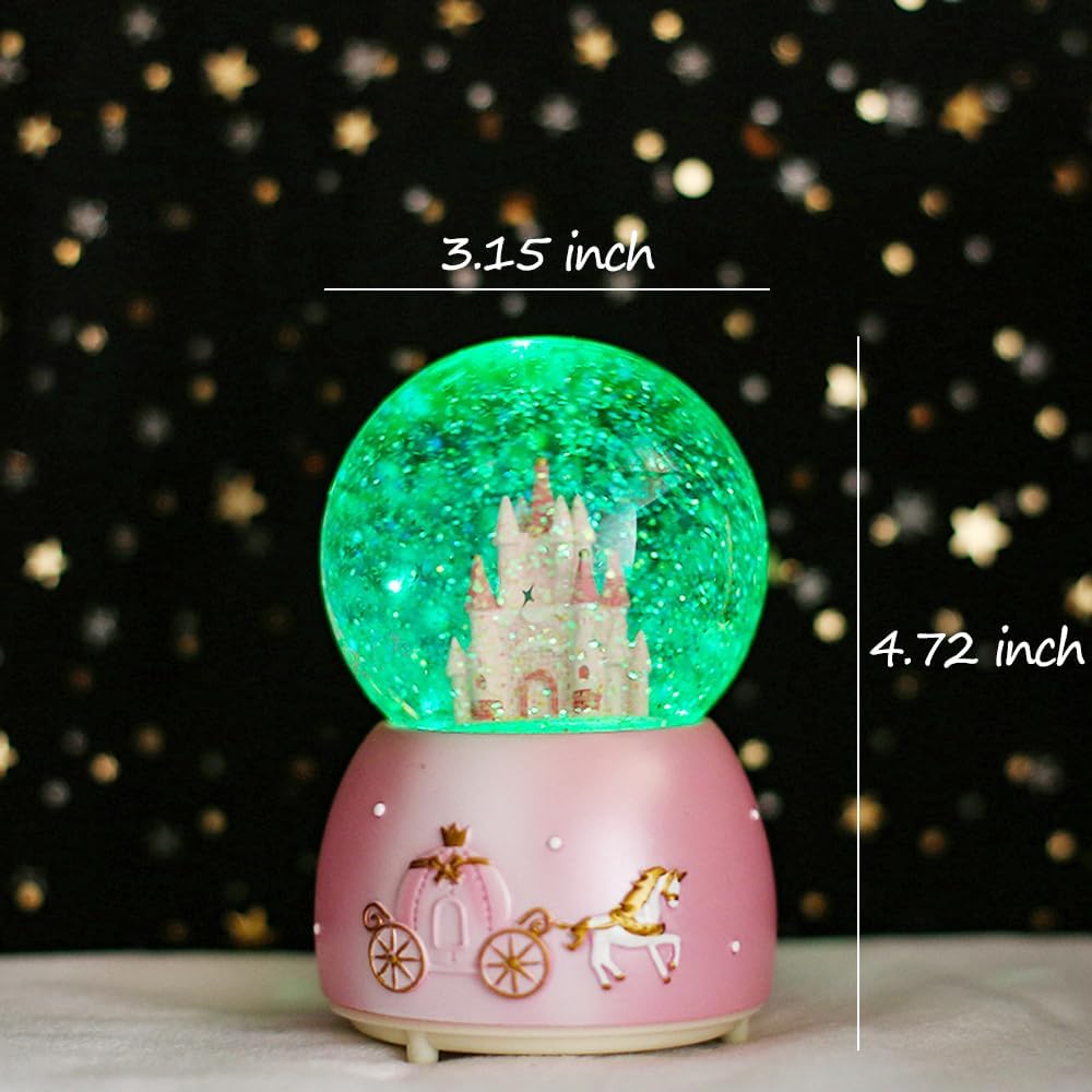 Snow Globes, Girls Castle Music Snowglobes with LED Lights, Automatic Snowfall Effect, Birthday Christmas for 5-16 Year Old Girls, Kids Room Decor (Pink)
