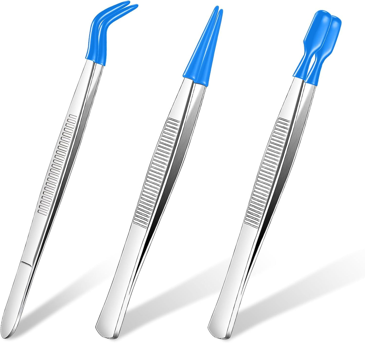 Honoson 3 Pieces Rubber Tipped Tweezers for Crafting Set - PVC Coated Flat, Straight & Bent Tips Stamps, Beads, Jewelry(Blue)