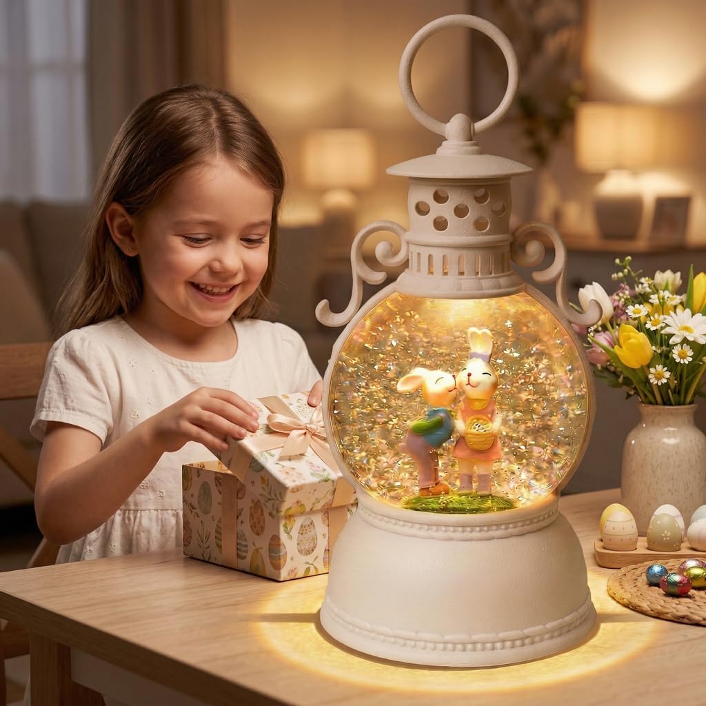Easter Snow Globe Lantern, 9.4" Bunny Couple Lighted Snow Lantern with 6-Hour Timer, Battery or USB Powered, Spring Easter Decorations for Home, Easter Bunny Gift & Blue Easter Decor